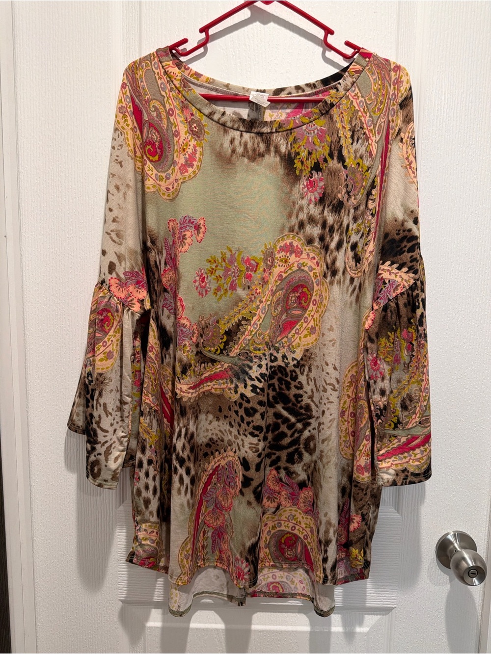 Boho Paisley Leopard Print Tunic Top 3X Flowy Bell Sleeve w/ Pockets